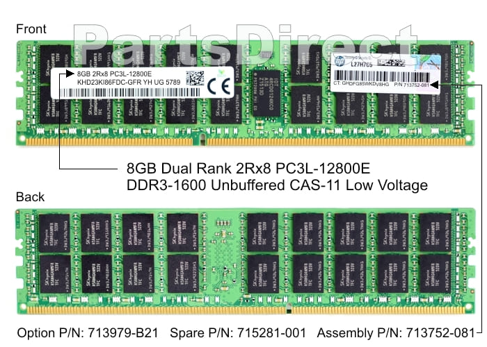 713979-B21 HP DL360p G8 8 ГБ двухранговой памяти PC3L-12800E DDR3 SDRAM DIMM LV (1 x 8 ГБ)